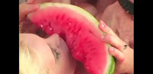  Kinky dude and blonde with huge tits get playful with a water melon then fuck outdoors